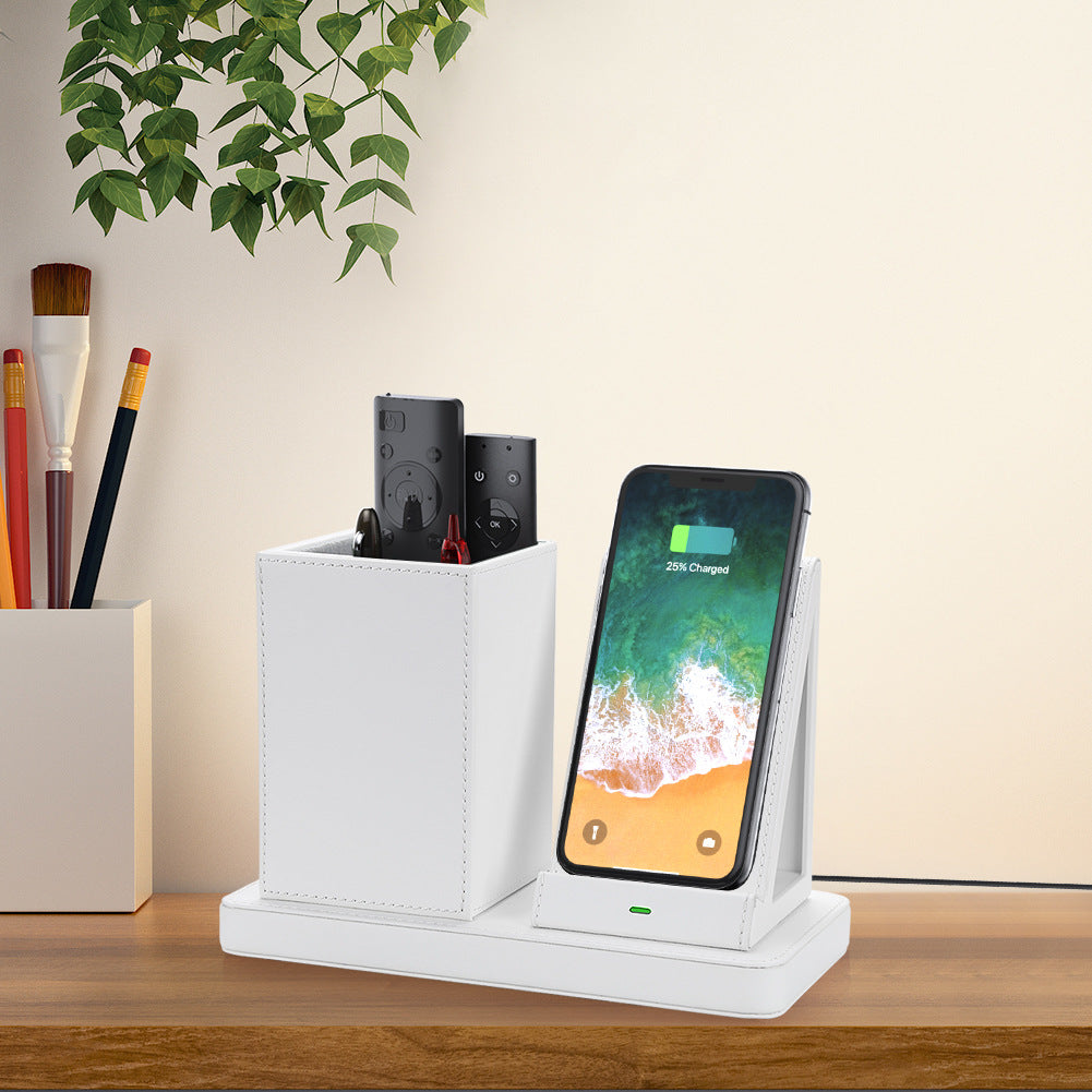 Vertical Leather Wireless Charger 10W Mobile Phone Fast Charging Stand Office Desk Storage Box Stand