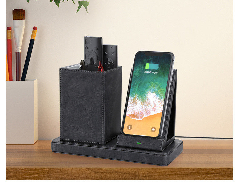 Vertical Leather Wireless Charger 10W Mobile Phone Fast Charging Stand Office Desk Storage Box Stand
